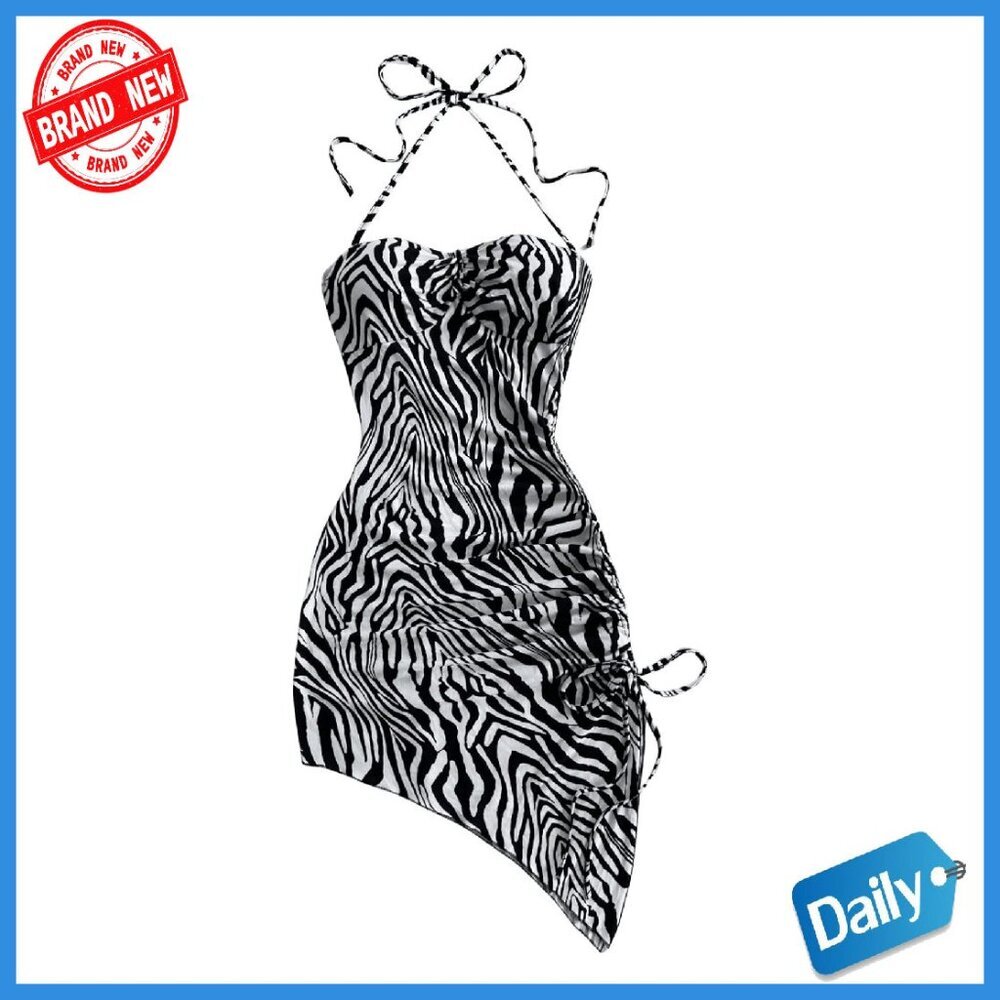 Zebra Print Halter Mini Dress Bodycon Asymmetrical Hem Sleeveless